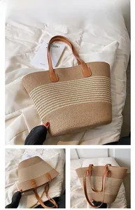 Close-up of woven straw tote bag with brown leather handles and striped texture
