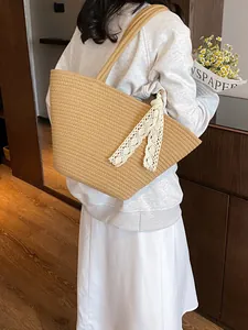 Women Large Capacity Woven Tote Bag Fashion Lace Bow Straw Shoulder Bag Beach Vacation Handbag Travel Underarm Bag