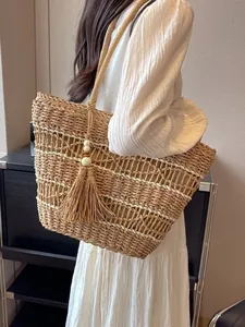 Handgefertigte Stroh Tragetasche Für Damen Große Kapazität Quasten Dekor Schulter Handtasche Für Sommer Strand Urlaub