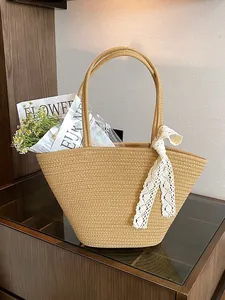 Handwoven beige summer beach tote bag with lace ribbon decor and shoulder strap