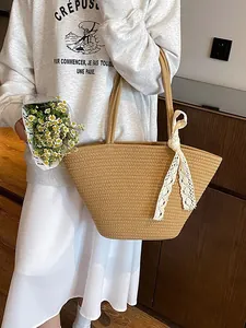 Handwoven straw tote bag with lace ribbon, large capacity beach shoulder bag for women