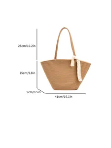 Summer woven tote bag with lace ribbon, 41cm width large capacity beach shoulder bag