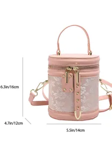 Pink bucket bag with floral embroidery and gold hardware shown in 16x14x12cm dimensions