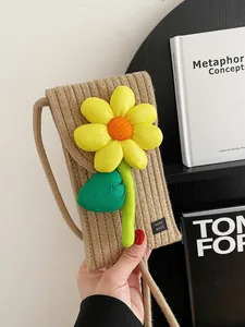 Sac de Téléphone Tissé à la Main Pour Femme Avec Décor de Tournesol 3D Sac à Bandoulière en Coton Élégant Été Purse
