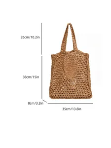 Brown woven straw tote bag with heart pattern and dimensions 35x38cm for summer beach use