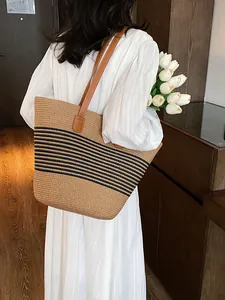 Large Capacity Straw Woven Tote Bag For Women Casual Striped Beach Shoulder Bag With PU Leather Strap Travel Shopping Bag