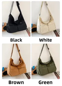 Detail showcasing minimalist canvas messenger bags in black, white, brown and green colors
