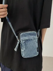 Vintage γαλάζια τσάντα χιαστί denim για γυναίκες με μπροστινή τσέπη και φερμουάρ