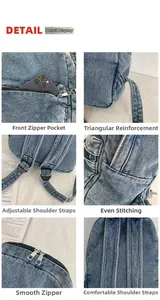 Dettaglio dello zaino in denim con tasche a zip, cuciture rinforzate e spallacci