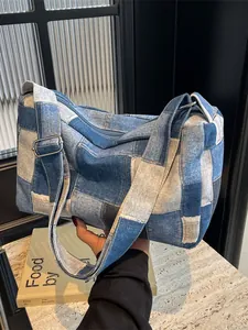 Vintage Large Capacity Patchwork Denim Crossbody Bag For Women Washed Jean Shoulder Bag Casual Streetwear Satchel Handbag
