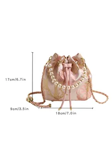 Pink satin bucket bag with floral embroidery, pearl handle and chain strap for women