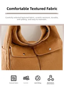 Detailed close-up of durable canvas messenger bag fabric with silver snap buttons