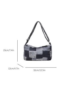 Patchwork denim shoulder bag with dimensions 32x19x12cm shown on a white background