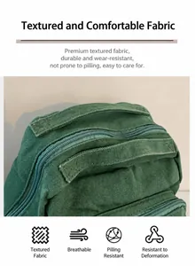 Detalle de la mochila de lona verde que muestra tela resistente, transpirable y antiarañazos
