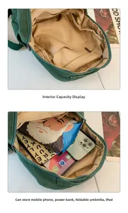 Detalle del interior de la mochila de lona verde con bolsillos para iPad y objetos diarios