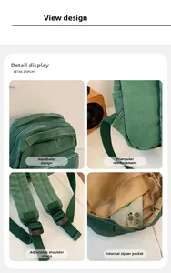 Detalles de mochila de lona verde con costuras reforzadas y bolsillo interior con cremallera