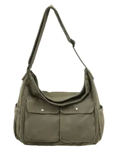 Large capacity army green canvas crossbody messenger bag with vintage utility pockets