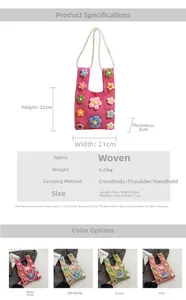 Vue détaillée du sac seau en tricot fait main avec fleurs 3D et chaîne en perles