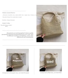 Tabella taglie borsa tote in paglia confrontata con riviste A4 e tablet iPad