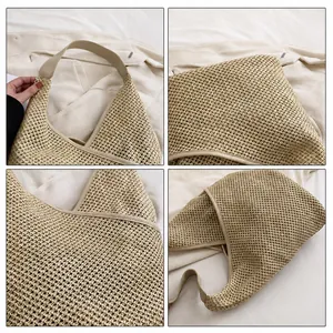 Dettaglio della trama intrecciata e bordi in pelle di una borsa a spalla in paglia
