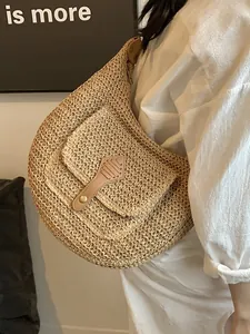 Women's Bohemian Straw Woven Shoulder Bag PU Leather Patchwork Large Capacity Hobo Saddle Bag For Beach Summer Vacation
