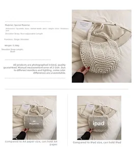 Detail view of woven shoulder bag showing dimensions 30x27cm and A4 capacity