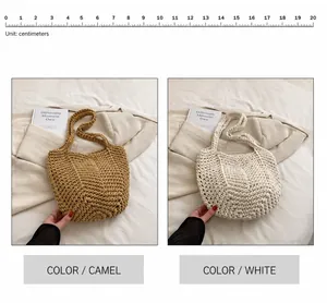 Detail of hand-woven bucket bags showing khaki and white textures with large capacity