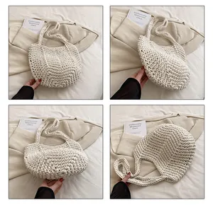 Detail shots of off-white handmade crochet shoulder bag with woven texture and bucket shape