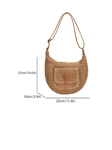 Straw woven saddle shoulder bag with leather flap and dimensions 27cm x 29cm x 10cm