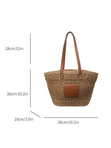 Sac cabas en paille tissée minimaliste avec anses en similicuir marron pour plage et ville