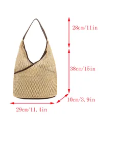 Borsa tote in paglia francese beige con tracolla marrone scuro e dettagli dimensionali