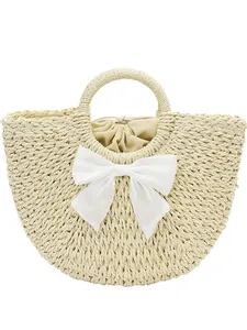 Sac à main demi-cercle en paille avec grand nœud blanc pour vacances à la plage