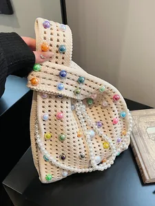 Damen Handgestrickte Häkeltasche Mit Kunstperlenkette Bunte Künstliche Perlen Schultertasche Koreanischer Stil Knotengriff Tote Bag