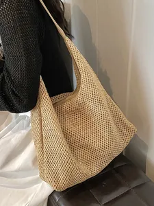 Borsa a Spalla in Paglia Intrecciata Vintage di Grande Capacità per Donna Estate Vacanze Mare Tote Hobo Bag Con Finiture in Pelle Sintetica