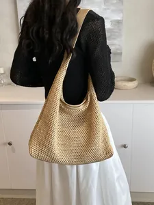 Borsa hobo in paglia con manici in pelle per le vacanze estive e gite in spiaggia