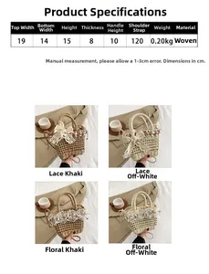 Detail showing woven straw bucket bag with lace bow and adjustable shoulder strap