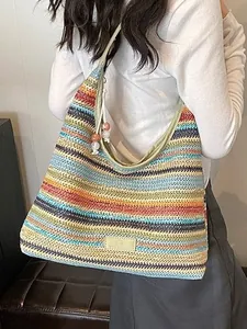 Bunte Regenbogen Streifen Gewebte Tote Tasche Für Damen Große Kapazität Stroh Schultertasche Sommer Strand Hobo Handtasche