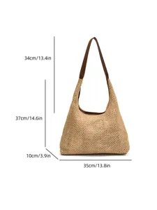 Grande borsa a spalla in paglia intrecciata con manici in pelle e design hobo minimal