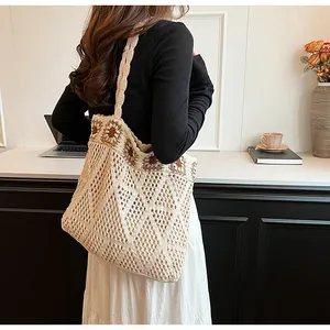 Detail of hand-woven tote bag with sunflower knit pattern and hollow texture on white strap