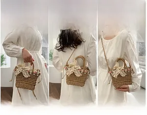Straw bucket bag shown in three ways: hand-held, single shoulder, and crossbody style