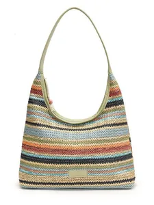 Boho Regenbogen gestreifte Hobo Tasche mit Häkeltextur und grünem Leder Schultergurt