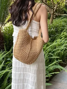 Bohemian Hand-Woven Cotton Rope Tote Bag For Women Summer Beach Bucket Bag Large Capacity Shoulder Bag Vacation Style