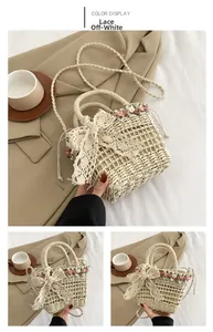 Detailed close-up of lace cream white straw bag with floral accents and ribbon