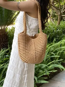Bohemian hand-woven large straw tote bag with shoulder strap for summer beach vacation