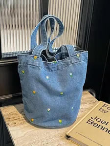 Sac Seau en Denim pour Femmes Avec Broderie Florale de Tulipes Grande Capacité Fourre-Tout Sac à Main à Épaule pour Navettage Quotidien