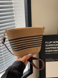 Women Summer Woven Straw Crossbody Bag Fashion Striped Mini Bucket Shoulder Bag For Beach Vacation Casual Daily Handbag
