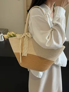 French style woven straw tote bag with cream lace bow for summer beach vacations