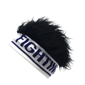 Bonnet tricoté amusant avec cheveux synthétiques et imprimé lettres Fight pour adultes