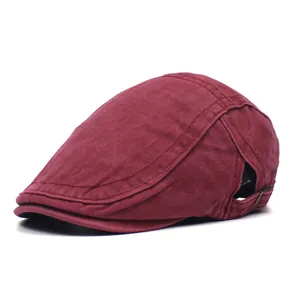 Retro washed cotton newsboy cap in burgundy with adjustable side metal buckle