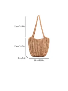 Bohemian handwoven hollow straw tote bag with dimensions for summer beach vacations